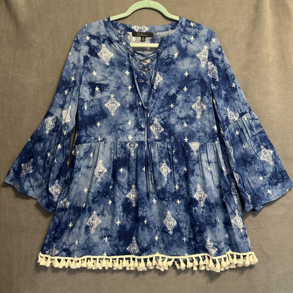 Calessa Tie Dye Tunic Top Size S Blue Lace Up Fringe Fairy Boho Festival Western